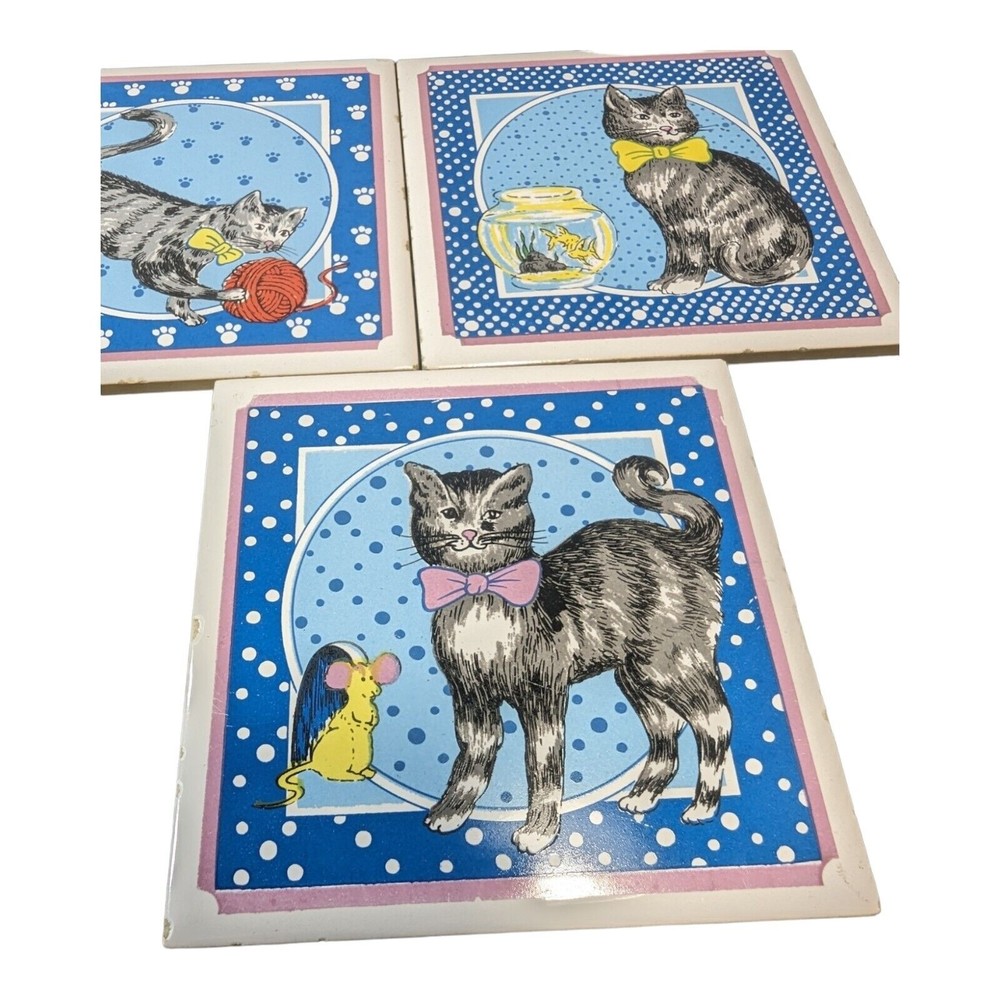VTG Set of 3 Vintage Lanka Wall Tile Coaster Trivet Tabby Cat Made in Sri Lanka - Picture 7 of 9